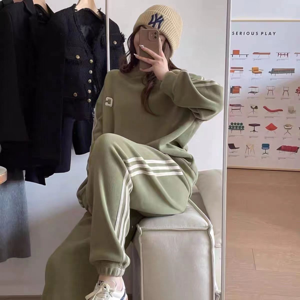 Cashmere suit for outer wear for women in autumn and winter loose double-sided flannel sweatshirt and sweatpants casual home wear 2023
