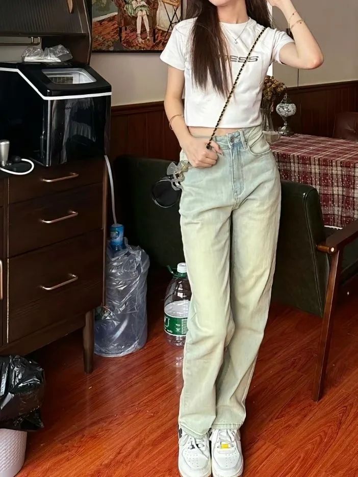 歐美高街水洗做舊黃泥染牛仔褲潮2023秋冬百搭復古寬鬆直筒闊腿褲