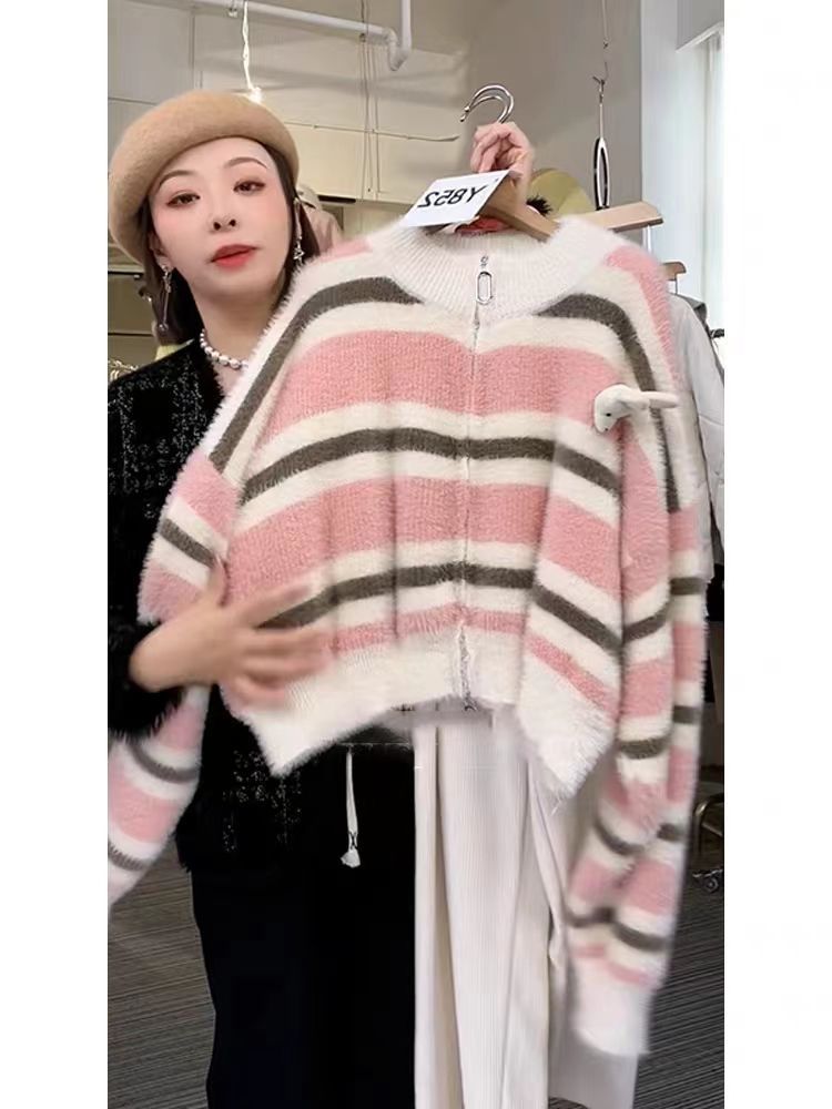 XJ家溫柔風軟糯條紋毛衣外套女秋冬新款高級感超好看短款針織開衫