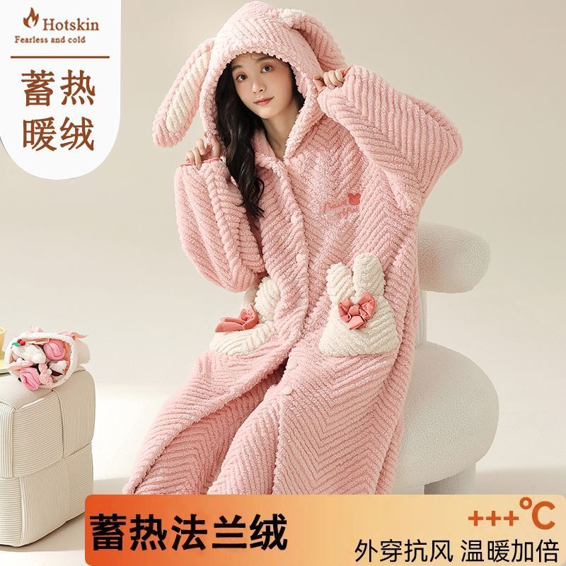 睡袍女加厚加絨珊瑚絨冬天保暖睡衣帶帽中長款袍套裝法蘭絨家居服