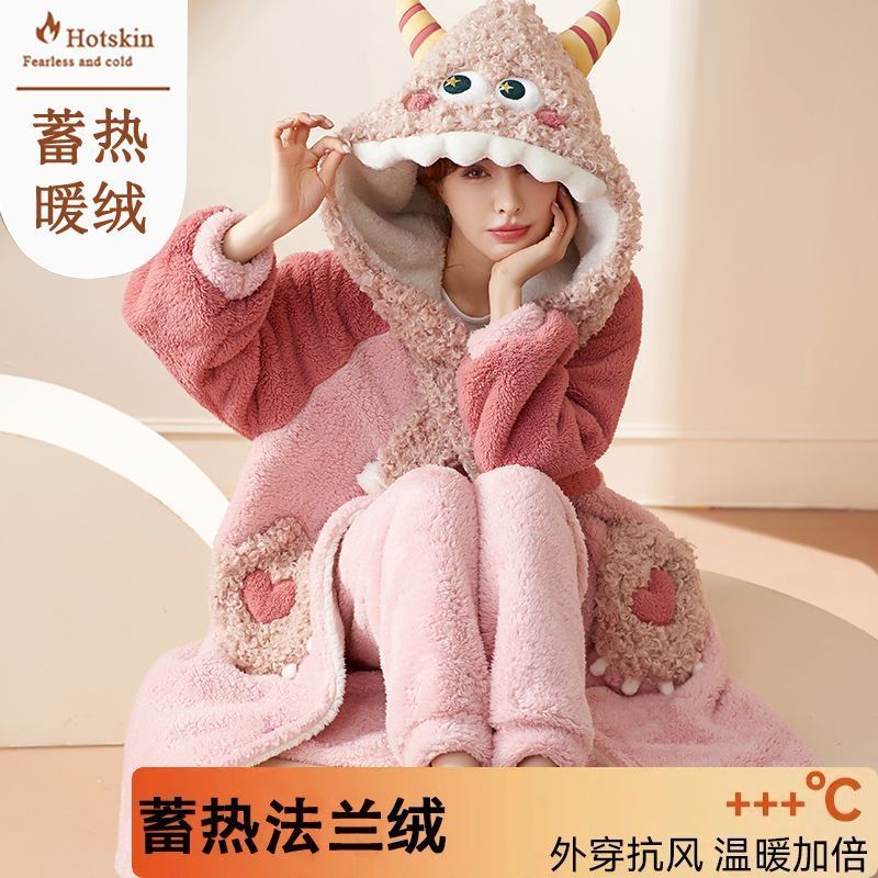 睡袍女加厚加絨珊瑚絨冬天保暖睡衣帶帽中長款袍套裝法蘭絨家居服