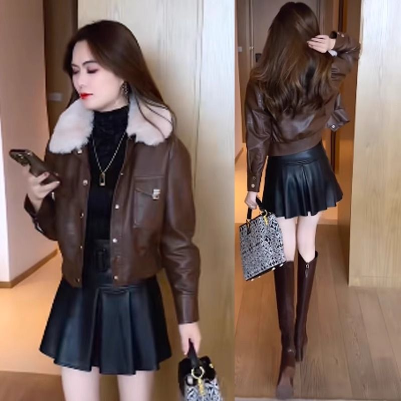 Velvet thickened leather jacket for women  autumn and winter new Korean version loose age-reducing foreign style fur collar jacket PU upper