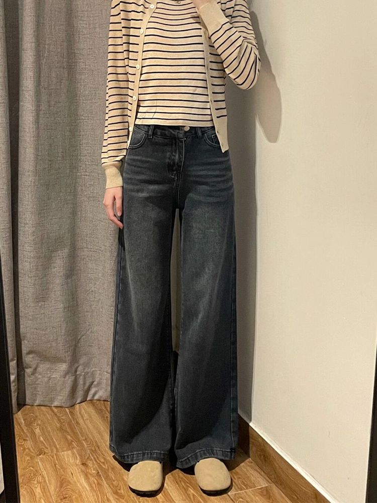 黑灰色復古大闊腿牛仔褲女秋季新款高腰寬鬆顯瘦百搭直筒拖地褲子