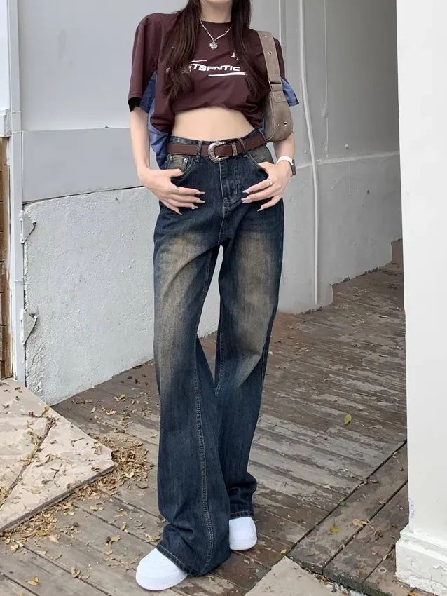 美式復古高街垂感微喇叭牛仔褲女秋季高腰寬鬆顯瘦直筒拖地闊腿褲