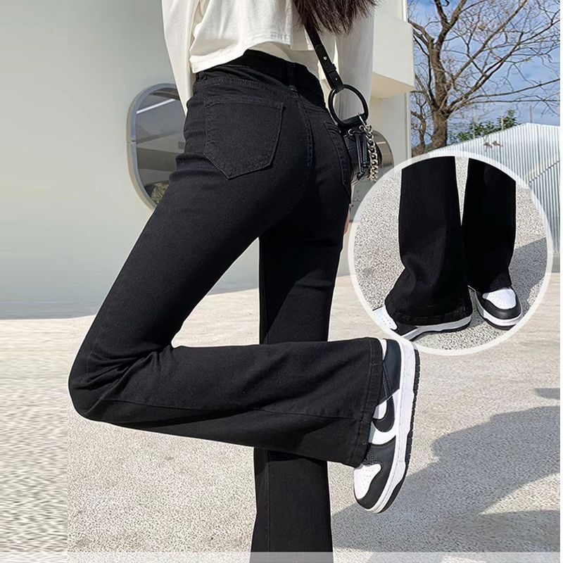 European and American Autumn New Hot Girl Slim Retro Korean Style Slim Versatile Trousers Black Simple Micro-flared Jeans for Women