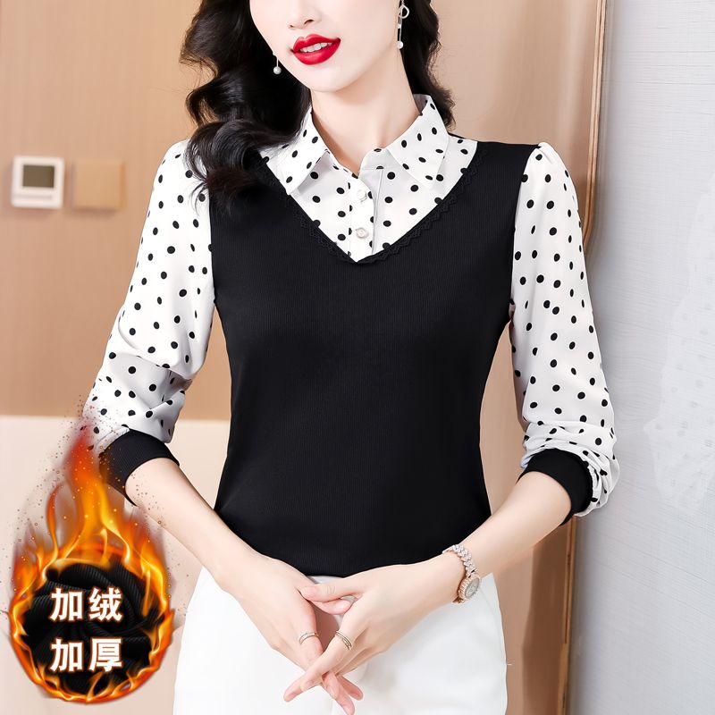 加絨加厚長袖打底衫女秋冬季寬鬆遮肚中長款時尚大碼洋氣小衫上衣