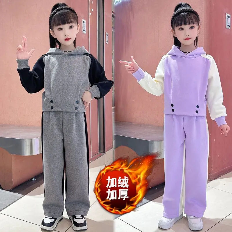 Girls Autumn and Winter Suit 2023 Velvet Thickened Medium and Large Children's Casual and Western Style Korean Style Hooded Sweatshirt Two-piece Set