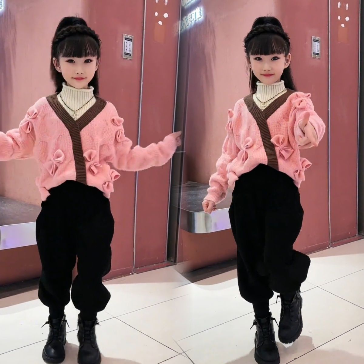 女童秋冬新款韩版假两件毛衣套装2023时尚百搭加绒哈伦裤两件套潮