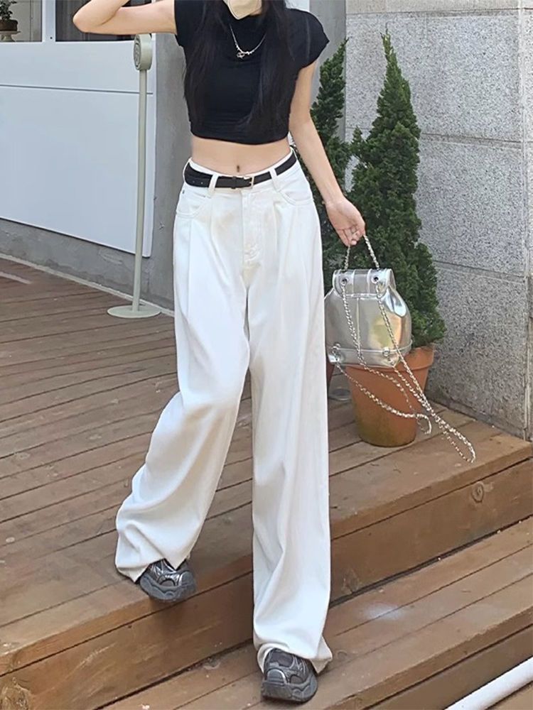 American high street white wide-leg jeans for women in autumn and winter new style high-waisted loose slimming versatile straight-leg floor-length mopping pants