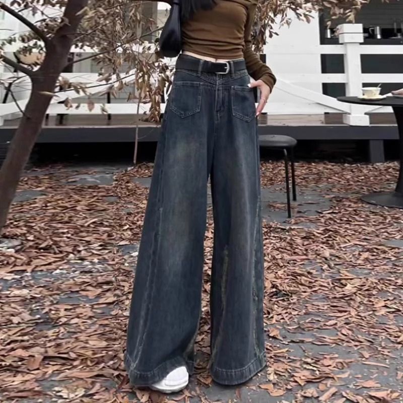 復古破洞闊腿牛仔褲女2023年秋冬新款設計款高腰寬鬆顯瘦直筒長褲