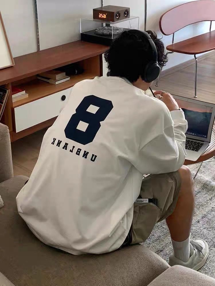 潮牌字母印花重磅純棉長袖t恤男士寬鬆春秋季全棉白色青少年上衣