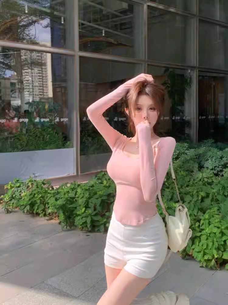 純欲風辣妹不規則長袖女秋冬季修身內搭加絨加厚打底衫短款上衣