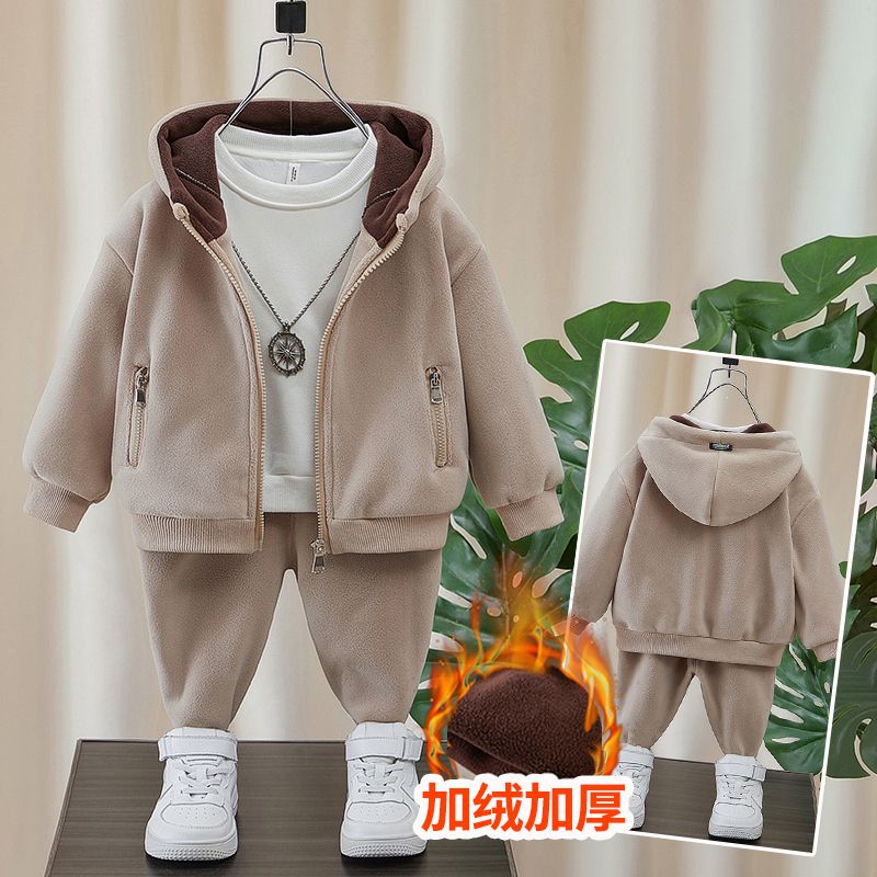 男童加絨套裝秋冬款3嬰幼兒童連帽冬裝5寶寶冬季加厚搖粒絨兩件套
