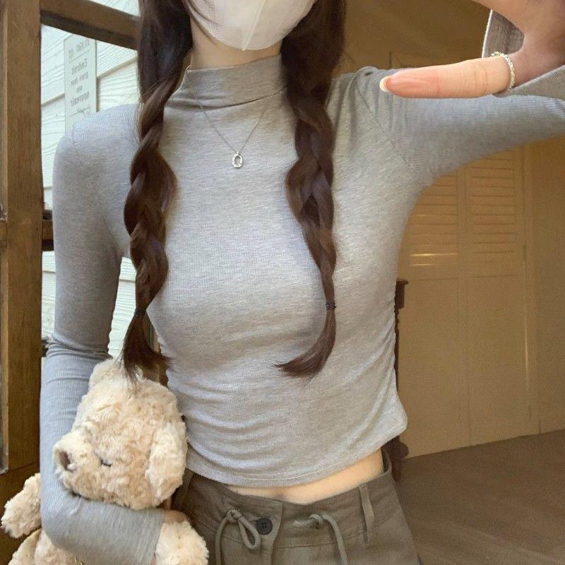 疊穿心機褶皺小個子打底衫女早秋新款韓版修身立領長袖t恤女短款