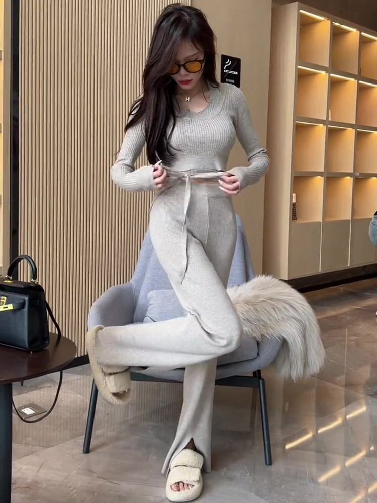 高級感御姐時尚針織套裝女內搭甜辣短款上衣高腰開叉闊腿褲兩件套