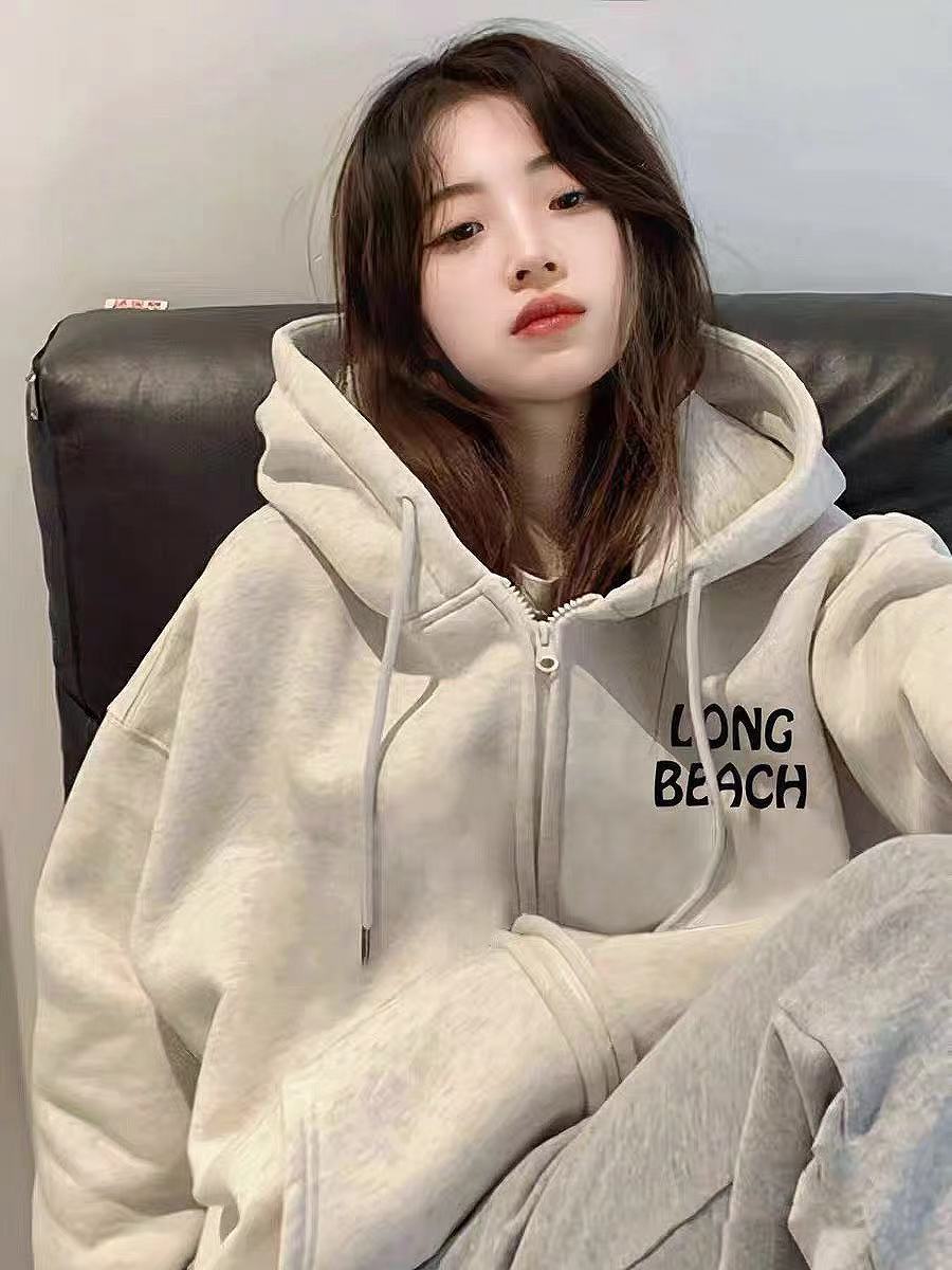 白灰色連帽衛衣女秋冬季加絨加厚oversize寬鬆慵懶風拉鏈入秋外套