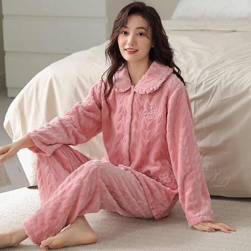 睡衣女秋冬季加厚法蘭絨保暖中年媽媽開衫長袖甜美舒適家居服套裝
