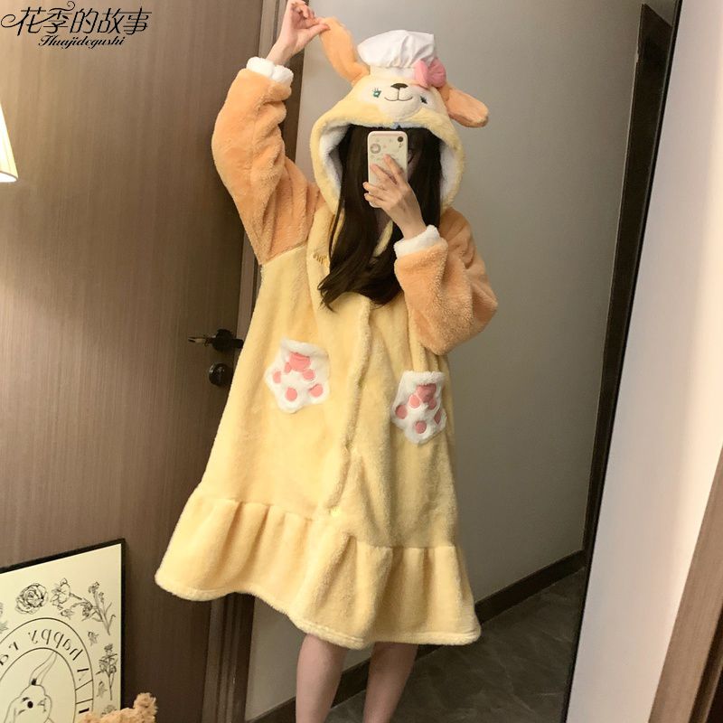 花季的故事睡衣女珊瑚絨冬季睡袍餅餅加絨加厚可愛卡通連帽家居服