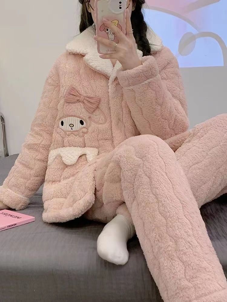 三層夾棉美樂蒂珊瑚絨睡衣女冬季加厚加絨秋天可愛保暖家居服套裝