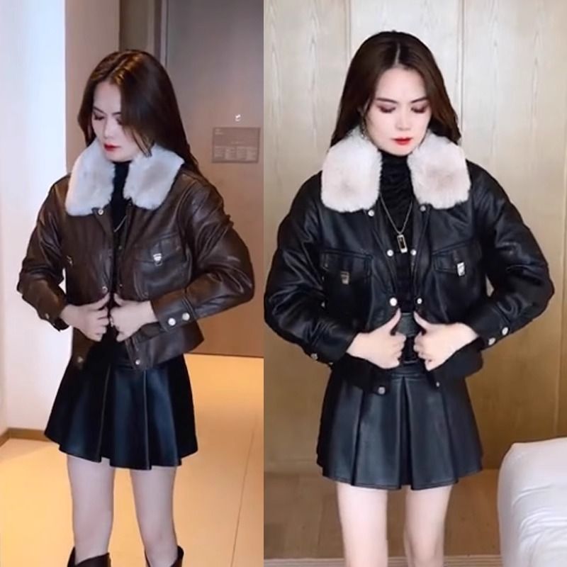 Velvet thickened leather jacket for women  autumn and winter new Korean version loose age-reducing foreign style fur collar jacket PU upper