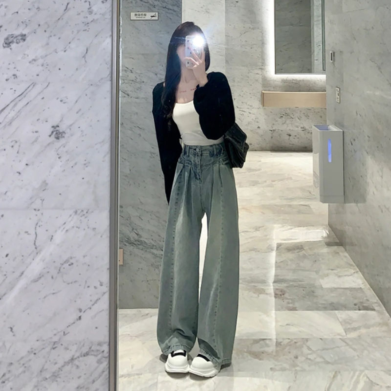 牛仔褲女秋季美式高腰顯瘦直筒寬鬆水洗做舊百搭拖地長褲窄版褲子