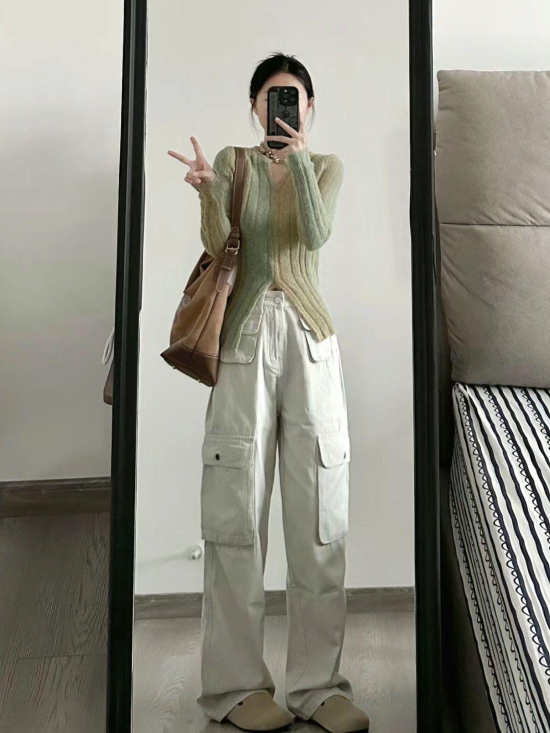 美式復古白色工裝褲女秋季新款直筒寬鬆闊腿高腰顯瘦休閒牛仔褲子