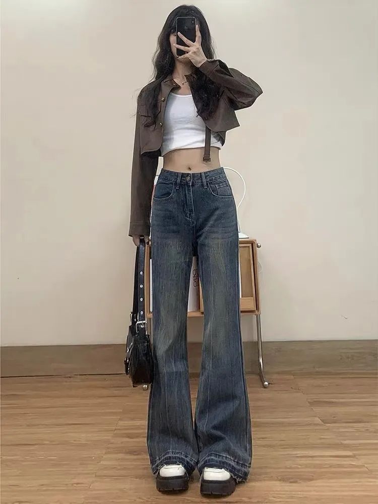 復古微喇叭牛仔褲女2023秋季新款高腰闊腿寬鬆顯瘦毛邊拖地馬蹄褲