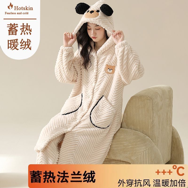睡袍女加厚加絨珊瑚絨冬天保暖睡衣帶帽中長款袍套裝法蘭絨家居服