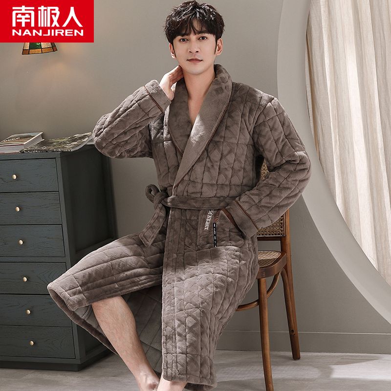 睡袍男士冬季珊瑚绒夹棉袄睡衣三层加厚保暖加绒法兰绒浴袍