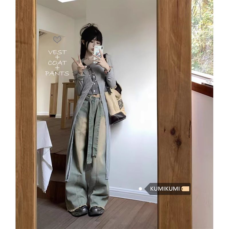 美式復古純欲牛仔褲女款秋季褲子寬鬆慵懶風鬆緊百搭垂感闊腿褲