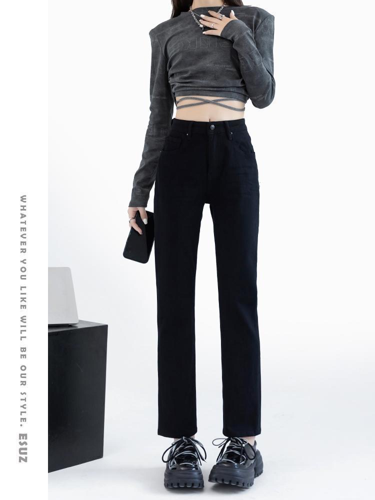 高腰九分窄版直筒牛仔褲女2023新款春秋寬鬆顯瘦小個子黑色煙管褲