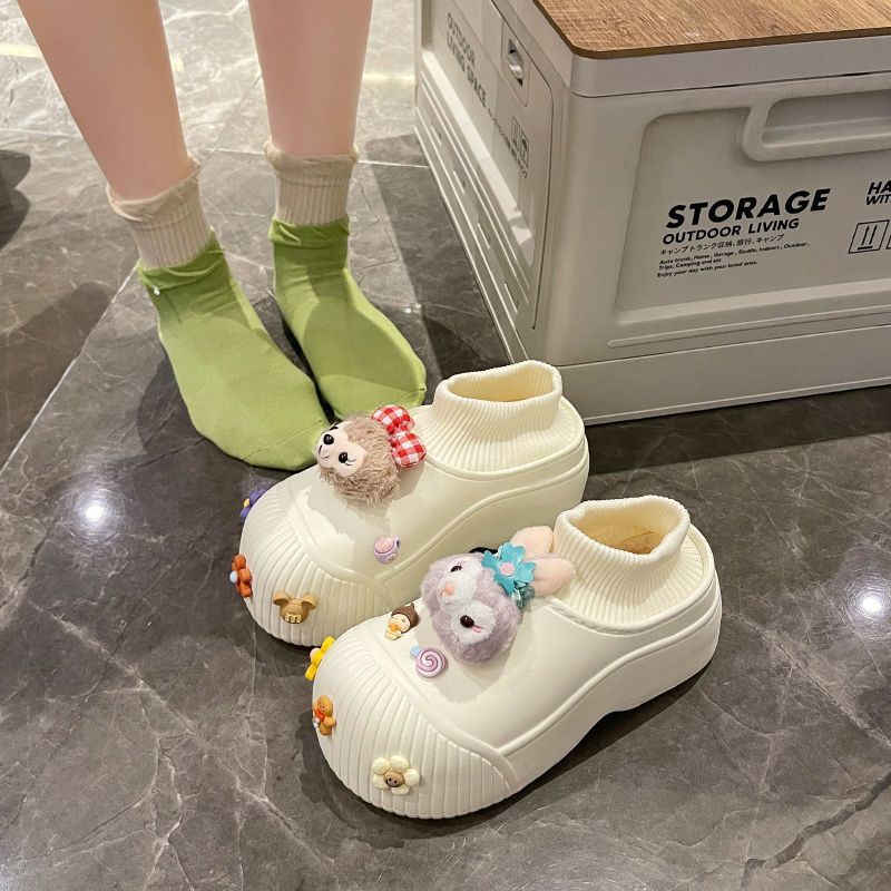 棉拖鞋女防水冬防水防滑厚底外穿加絨月子保暖一腳蹬毛絨兔棉拖鞋