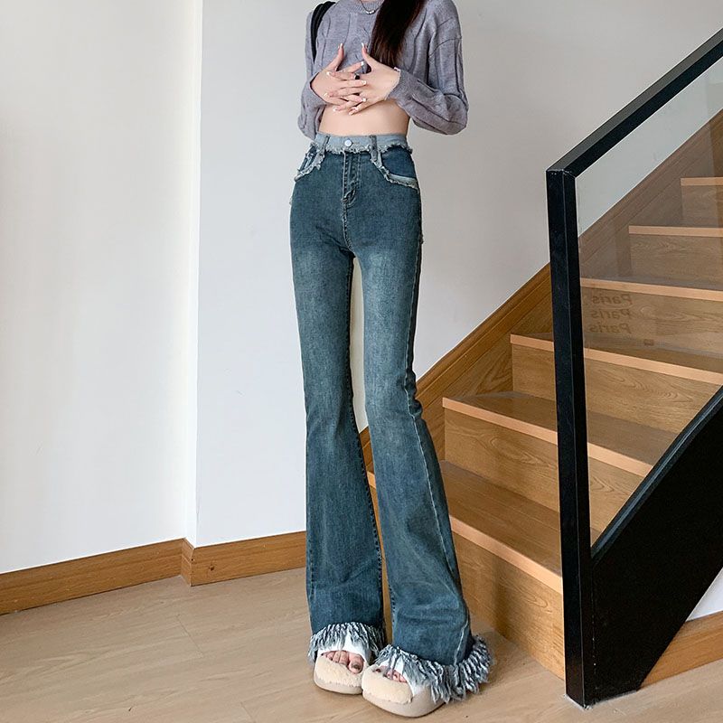 顯瘦復古微喇牛仔褲女春秋季2023年新款高腰小個子馬蹄喇叭褲子女