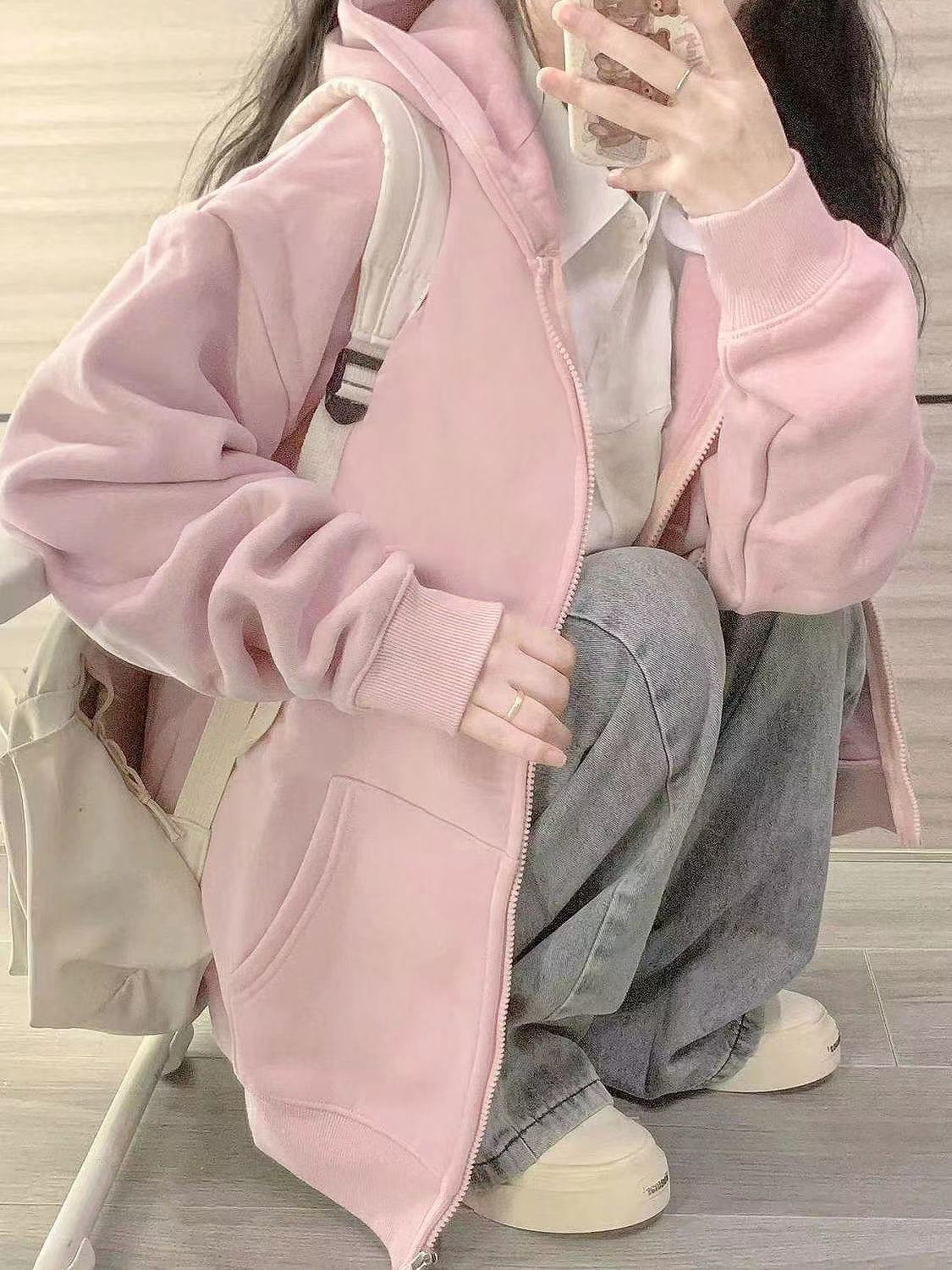 森系甜美淡粉色連帽衛衣女秋冬季加絨加厚寬鬆顯瘦慵懶風拉鏈外套