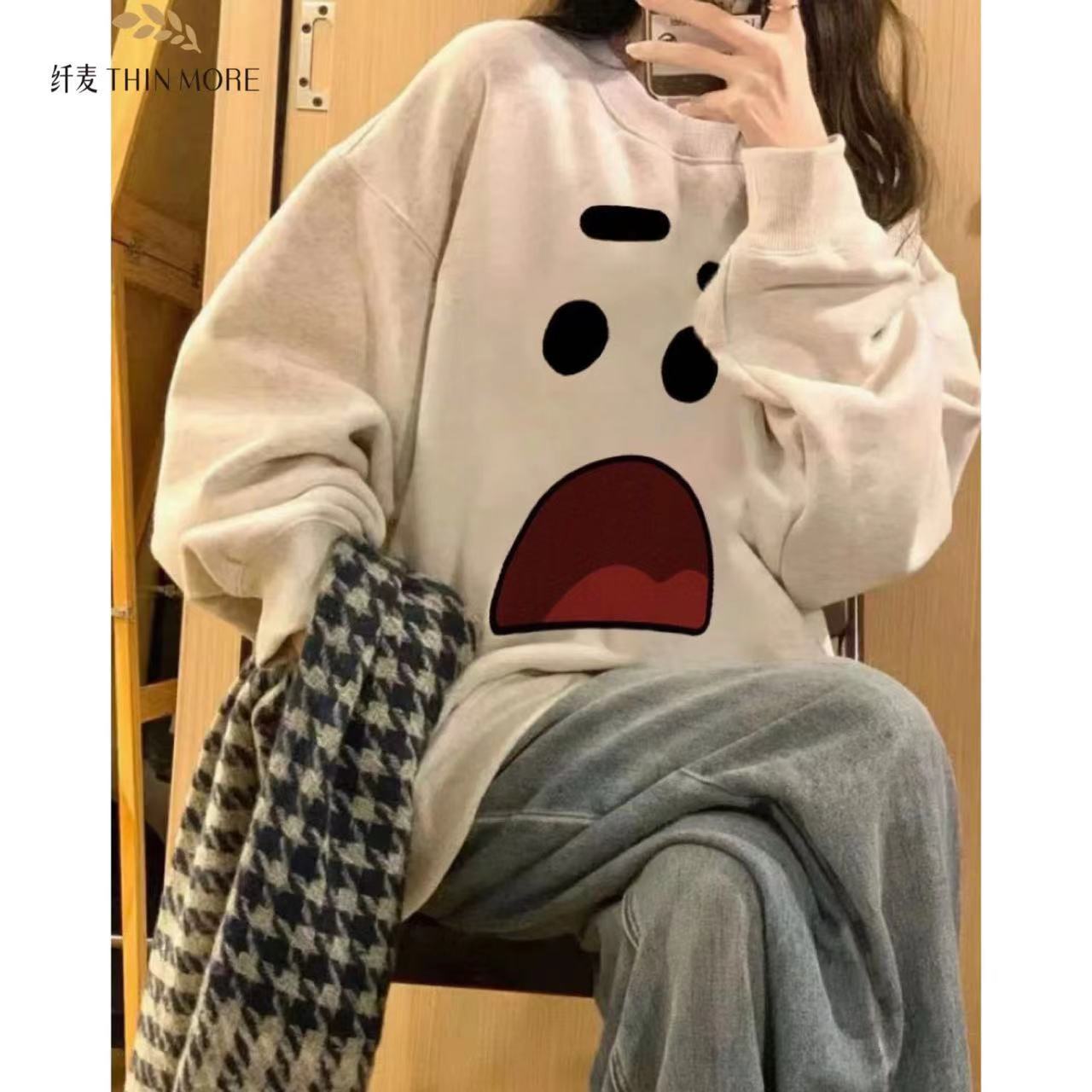 國風圓領衛衣女秋冬新款寬鬆設計感百搭加絨加厚百搭情侶上衣潮