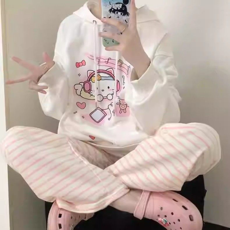 Velvet pink striped casual trousers for women in autumn and winter cute soft girl straight sports students wide legs ins trend