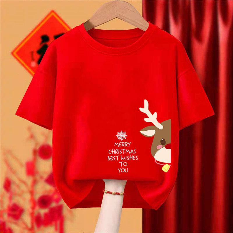 圣诞节新年纯棉亲子装T恤红色男童女童新款儿童短袖上衣t-shirt潮