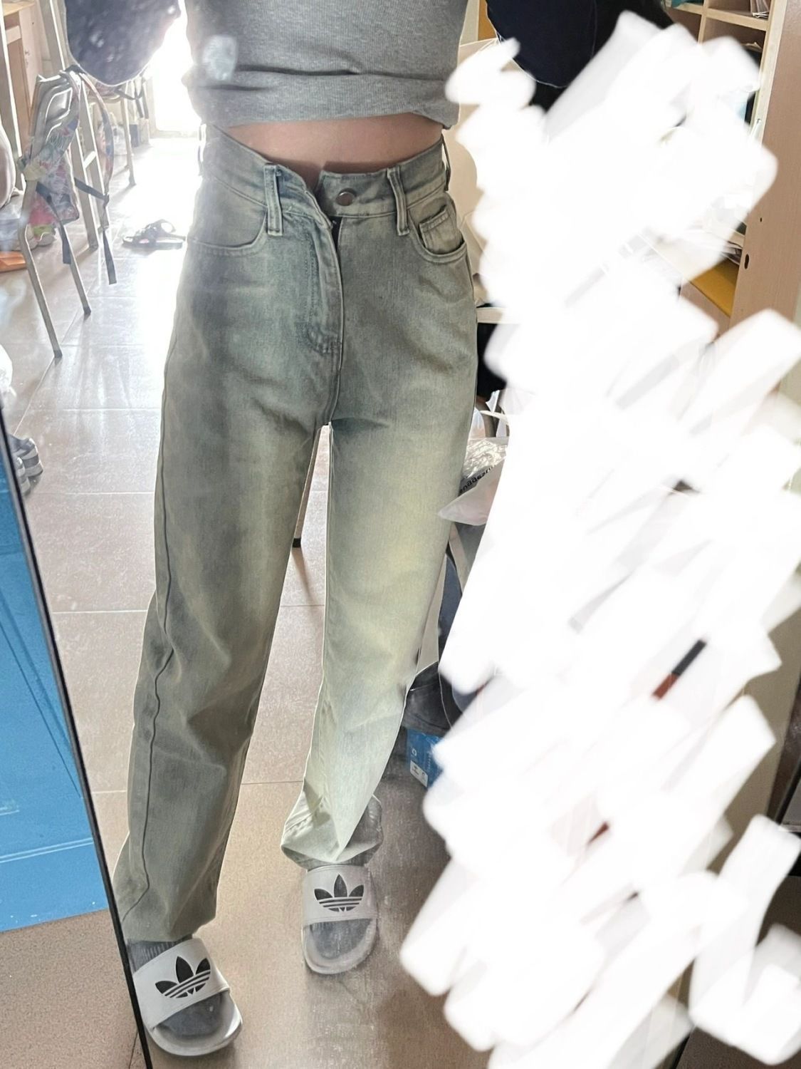 美式復古黃泥色加長版直筒牛仔褲女秋冬新款高腰彈力顯瘦煙管褲子