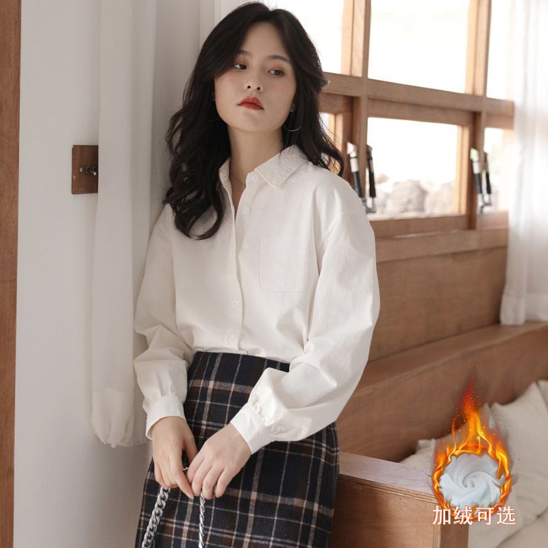 POLO領內搭長袖白襯衫女冬裝加絨加厚打底襯衣簡約學院風寬鬆上衣