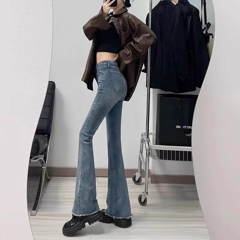 Large size autumn and winter new design high-waisted Korean style bootcut jeans for fat girls to look slim and stretchy pear-shaped figures look taller