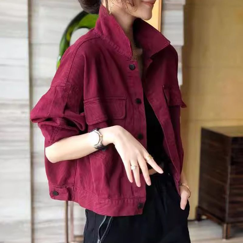 Work style short denim jacket for women in spring and autumn new style fashionable long-sleeved Polo collar jacket top ins trend