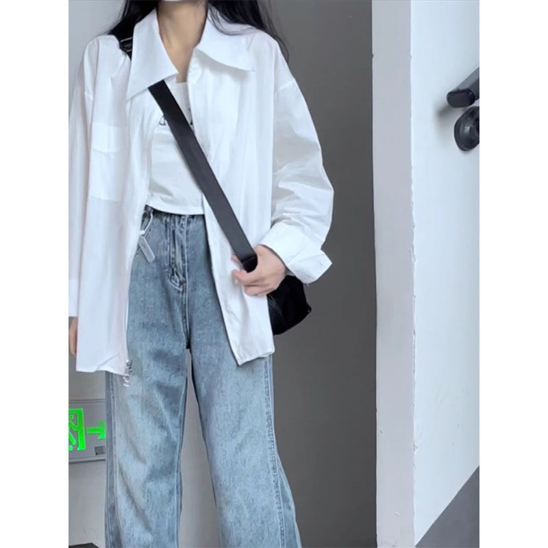 雙拉鏈白色長袖襯衫女春秋季新款上衣寬鬆顯瘦設計感內搭打底襯衣