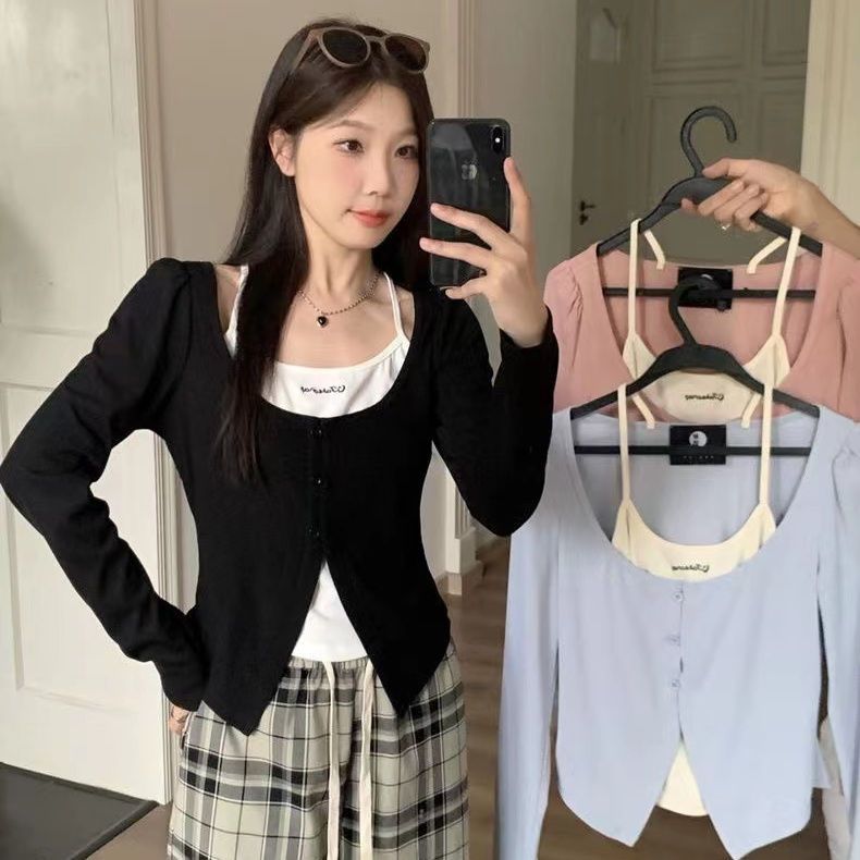 設計感假兩件長袖t恤女春秋裝新款甜辣妹純欲顯瘦心機打底衫上衣