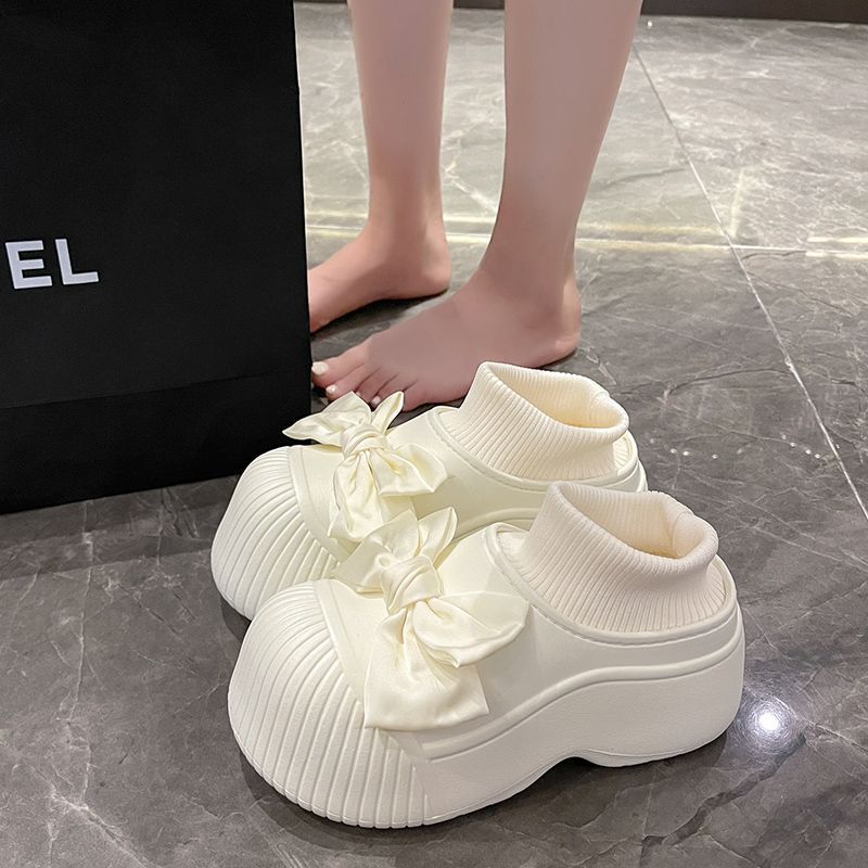 蝴蝶結加絨棉鞋女2023時尚秋冬季可外穿厚底防水防滑包跟耐髒棉拖