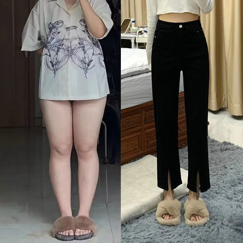 大碼胖mm黑色開叉煙管牛仔褲女秋冬大腿粗顯瘦遮胯彈力直筒褲子潮