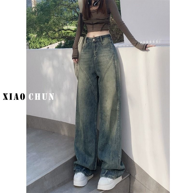 復古窄版闊腿牛仔褲女春秋新款高腰寬鬆顯瘦垂感美式直筒拖地褲子