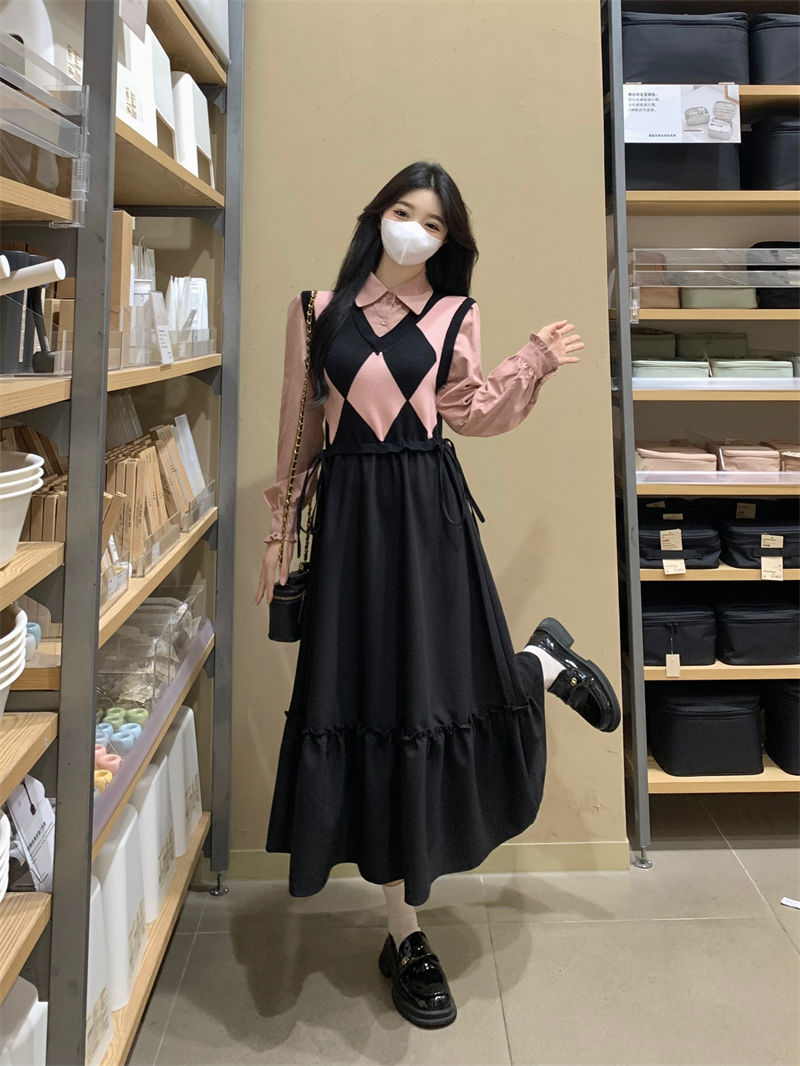 2023秋冬新款大碼女裝胖mm氣質顯瘦法式長袖遮肚假兩件收腰連衣裙