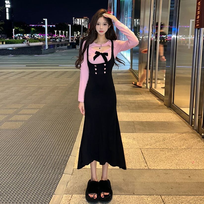社會女套裝快手網紅同款純欲緊身蝴蝶結長袖T恤+吊帶長款連衣裙女
