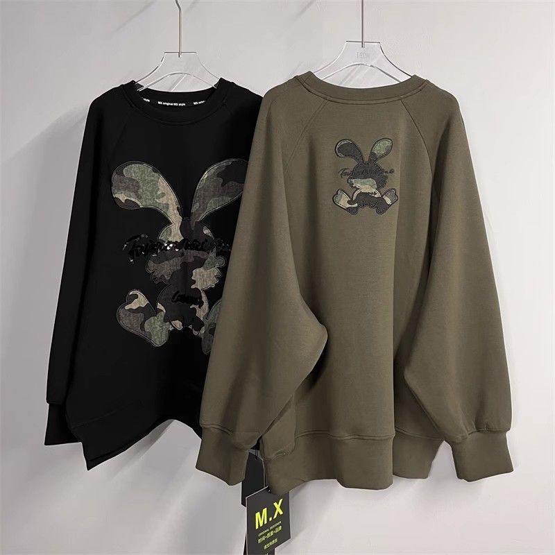 Fat sister loose European style new cartoon embroidered letters camouflage rabbit long-sleeved sweatshirt women's round neck autumn and winter style