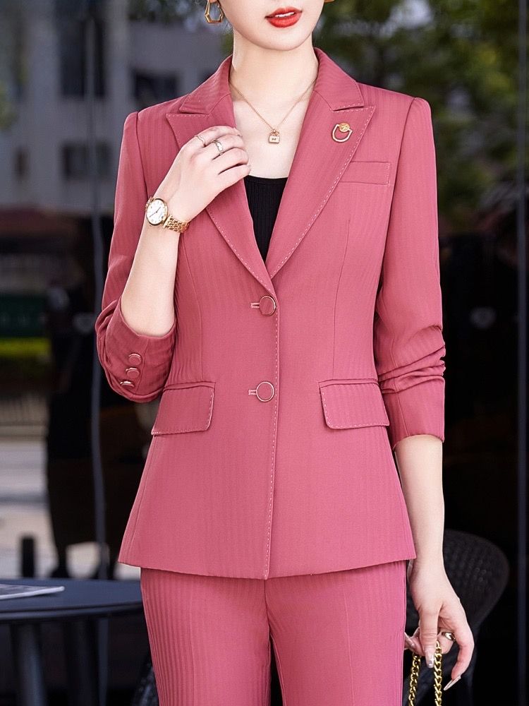 西裝外套女2023新款粉色高級感暗紋西服工裝套裝減齡洋氣職業正裝